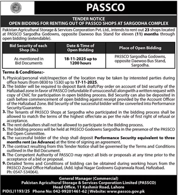 PASSCO Lahore Tender Notice